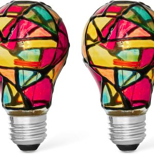 2 Pack Artisan Stained-Glass Style Light Bulb Set— Vintage Rainbow Bulb A19 2W (25W Equivalent) Painted Night Light Mosaic Party Light Bulb Stainglass